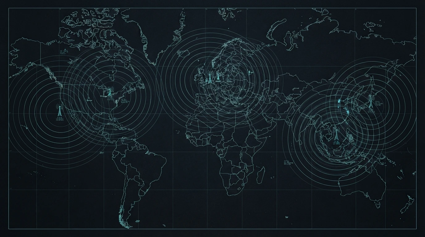 Illustrative diagram: an aeronautical-style world chart with concentric radio signal arcs spreading from six transmitter sites