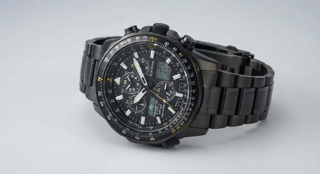 Illustrative render of the Citizen Promaster Skyhawk A-T showing the slide-rule bezel and ana-digi dial