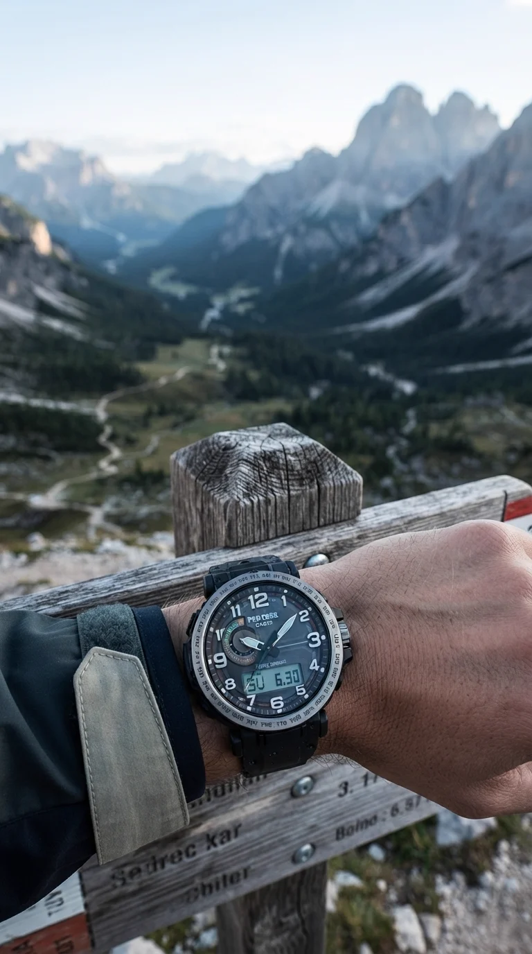 Illustrative render of the Casio Pro Trek PRG601-1 worn on a wrist at an alpine trail signpost