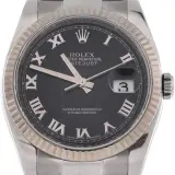 Datejust 36 (steel, white gold fluted bezel, black Roman dial, Oyster bracelet, pre-owned)