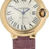 Ballon Bleu de Cartier 33mm (18k rose gold, silvered guilloche dial, automatic, purple alligator strap, pre-owned)