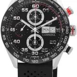 Carrera Chronograph 44mm CBN2A1AA.FT6228 (steel, ceramic tachymeter bezel, black day-date dial, perforated rubber strap, Calibre 16)