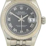 Lady-Datejust 26 ref. 179174 (steel, white gold fluted bezel, black Roman dial, Jubilee bracelet, pre-owned)