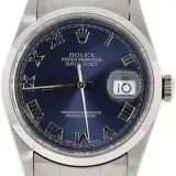 Datejust 36 (steel, blue Roman dial, smooth bezel, Oyster bracelet, service record and box, pre-owned)