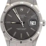Oyster Perpetual Date 34 (steel, engine-turned bezel, grey dial, Oyster bracelet, pre-owned)