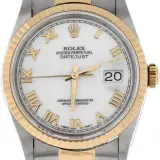 Datejust 36 (steel and 18k yellow gold, white Roman dial, fluted bezel, Jubilee bracelet, service record, pre-owned)