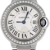 Ballon Bleu de Cartier 28mm (steel, diamond-set bezel, silvered dial, quartz, steel bracelet, pre-owned; second Rebag unit)